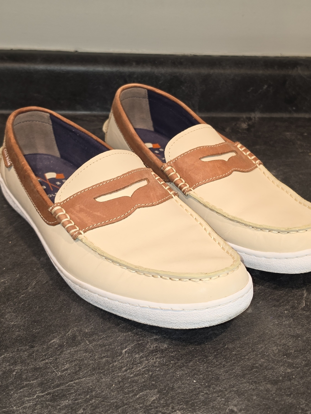 Cole Haan Cream and Tan Leather Slip-On Loafers